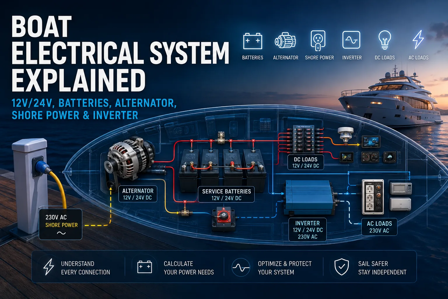 Boat Electrical System Explained – 12V/24V, Batteries, Alternator, Shore Power & Inverter