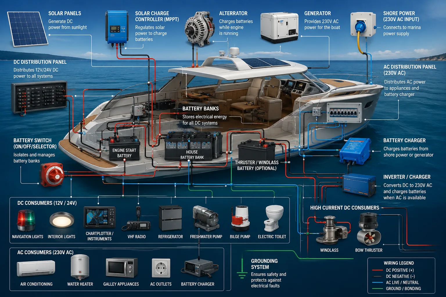 Boat Electrical System Explained: Batteries, Alternator, Generator, 12V, 24V & 230V Wiring